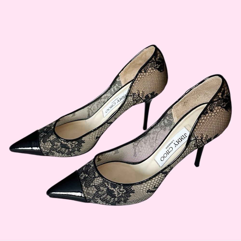 Jimmy Choo Amika Lace Overlay Patent Cap Toe Pumps sz 36